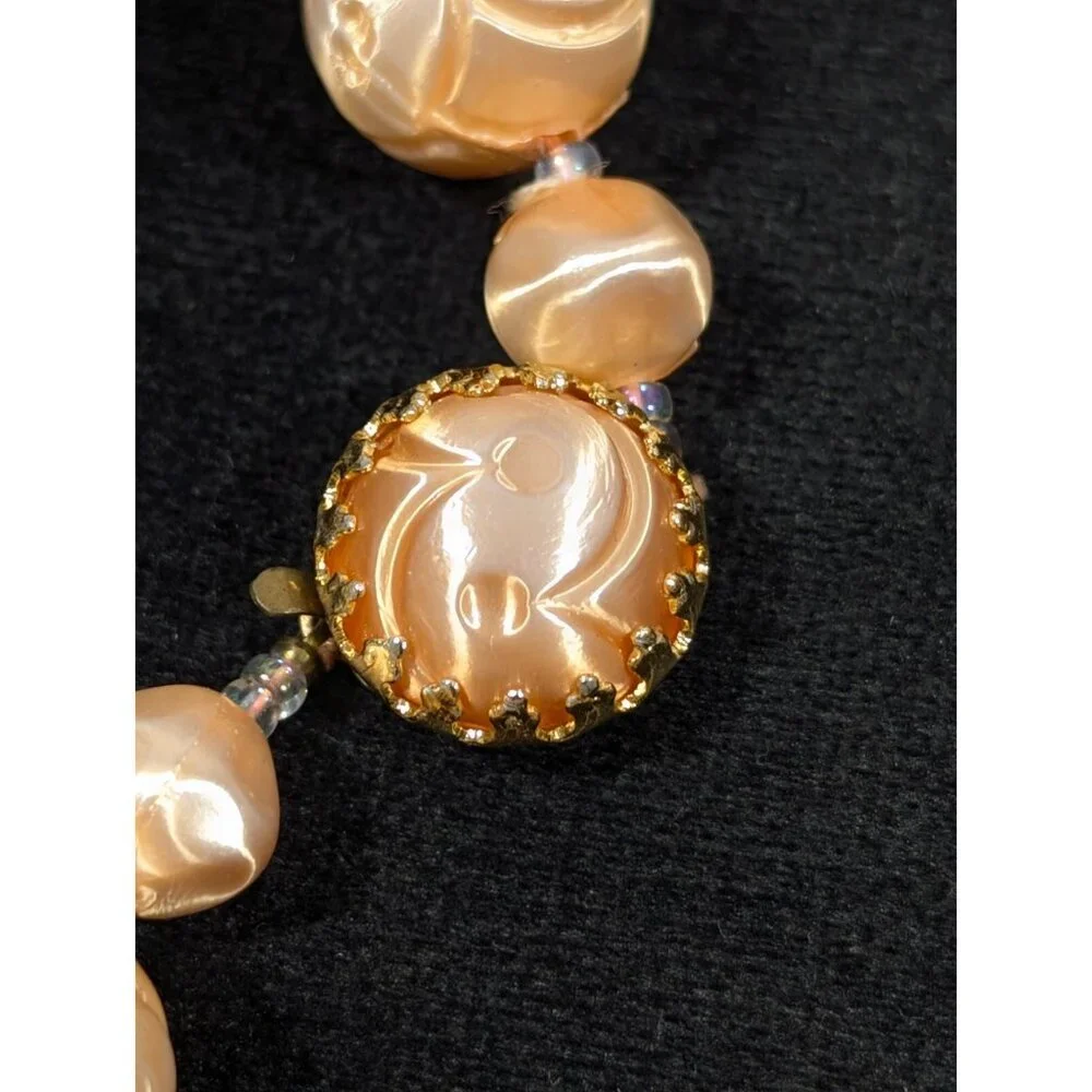 VTG Japan‎ Peach Carved Style Plastic Pearlized Round Bead Necklace Chunky Mid